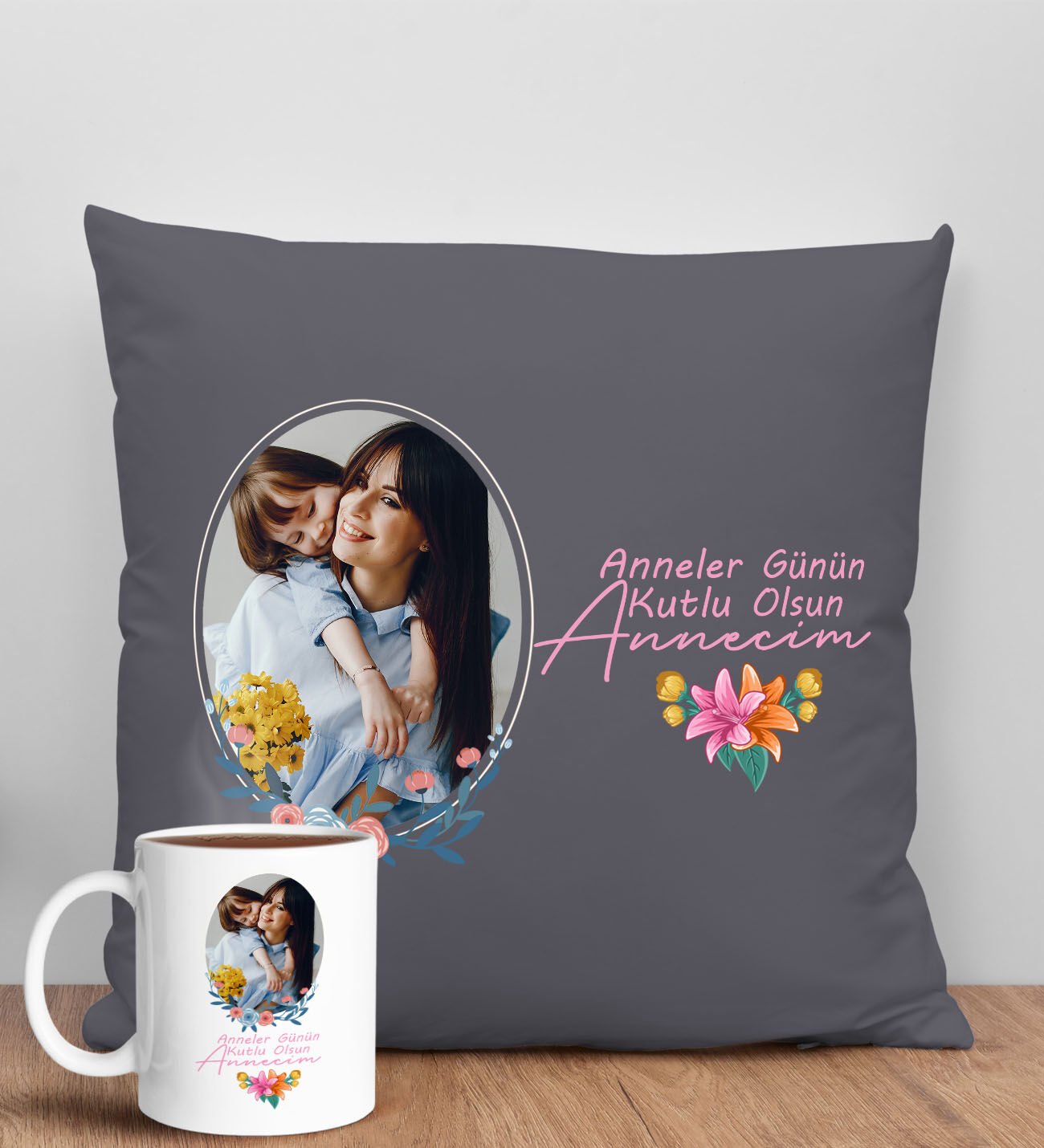 BK Gift Kişiye Özel Fotoğraflı Anneler Günü Tasarımlı Antrasit Kırlent Yastık ve Kupa Seti, Anneye Hediye, Ev Dekorasyonu, Anneler Günü Hediyesi-1