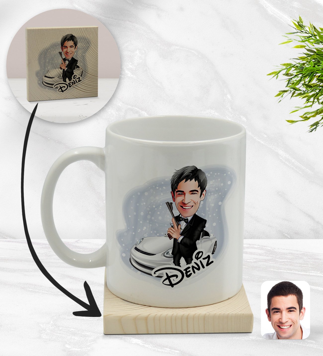 Kişiye Özel Erkek Ajan Karikatürlü Beyaz Kupa Bardak ve Ahşap Bardak Altlığı Hediye Seti - Model 1