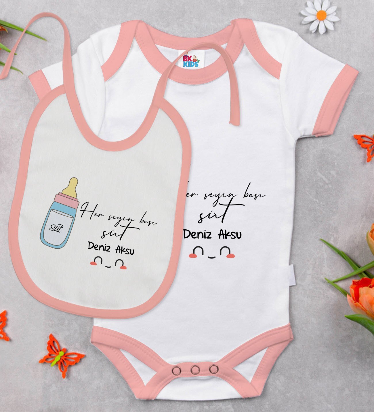 BK Kids Kişiye Özel Her Şeyin Başı Süt Tasarımlı Pembe Bebek Body Zıbın ve Mama Önlüğü Hediye Seti