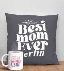 BK Gift Kişiye Özel İsimli Anneler Günü Tasarımlı Antrasit Kırlent Yastık ve Kupa Seti, Anneye Hediye, Ev Dekorasyonu, Anneler Günü Hediyesi-1