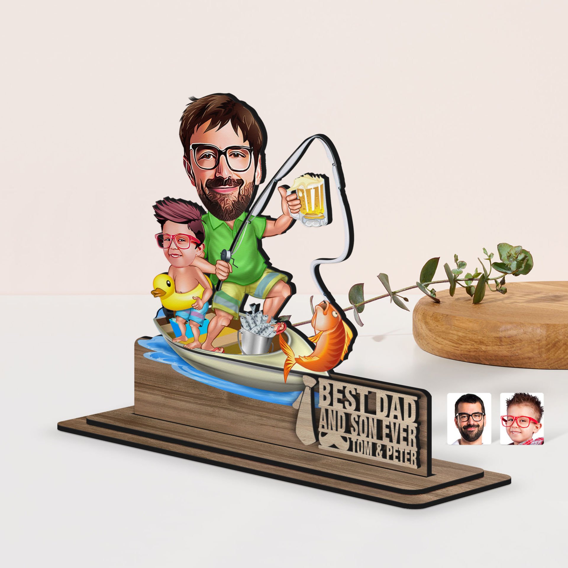 BK Gift Kişiye Özel 3D Kabartma İsimli Baba-Oğul Karikatürlü Ahşap Biblo-9, Babaya Hediye, Babalar Günü Hediyeleri