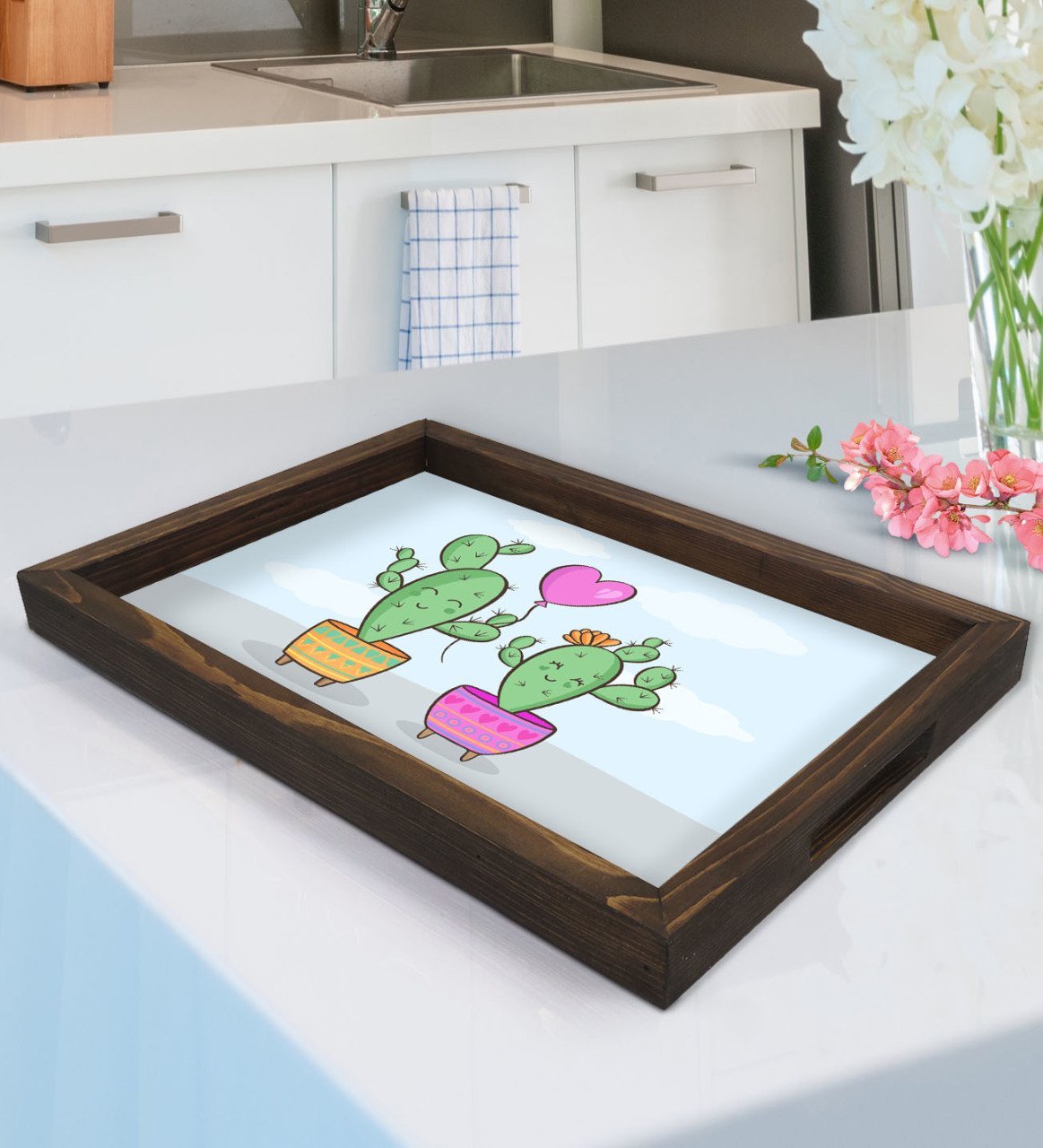 BK Gift Kaktüs Tasarımlı Doğal Ahşap Tepsi-6