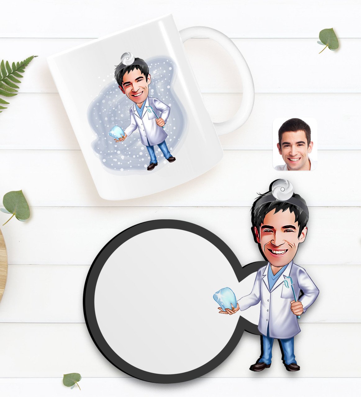 Kişiye Özel Erkek Diş Hekimi Karikatürlü Beyaz Kupa ve Ahşap Bardak Altlığı Hediye Seti-3