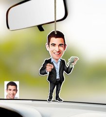 Kişiye Özel Bay Bankacı Karikatürlü Ahşap Araba Dikiz Ayna Süsü-2