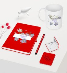 Kadınlar Gününe Özel Kırmızı Defter Kalem Kupa Ayna Seti - 11