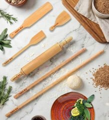 BK Gift Kişiye Özel Ahşap Hamur Açma Oklavası Merdanesi Börek Seti 6'lı Set