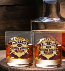 BK Gift Kişiye Özel İsimli DTF Premium Whiskey Tasarımlı İkili Viski Kadeh Seti-1, Arkadaşa Hediye, Sevgiliye Hediye