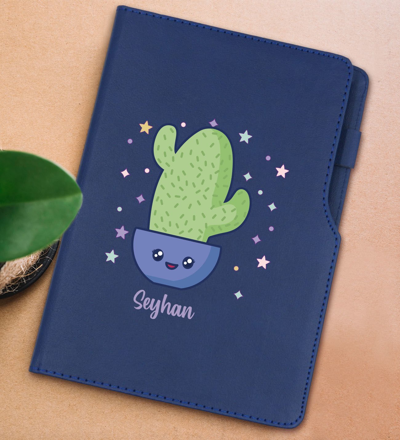 BK Gift Kişiye Özel Kaktüs Tasarımlı Lacivert Termo Deri Not Defteri 15x21cm-4