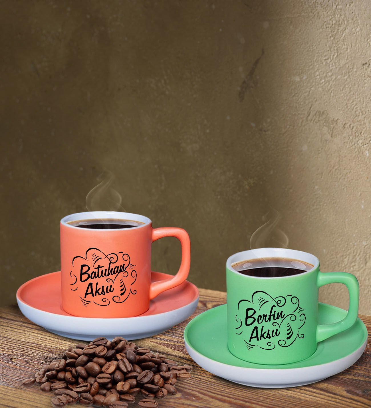 BK Gift Kişiye Özel İsimli Somon ve Yeşil Renk İkili Türk Kahvesi Fincan Seti-6, Ev Hediyesi, Arkadaşa Hediye, Doğum Günü Hediyesi