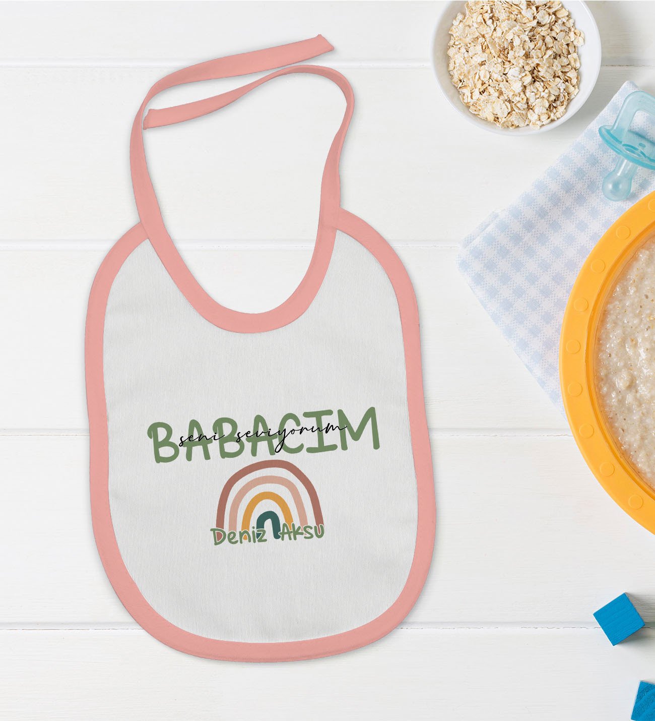 BK Kids Kişiye Özel Pembe Bebek Mama Önlüğü - Model 30