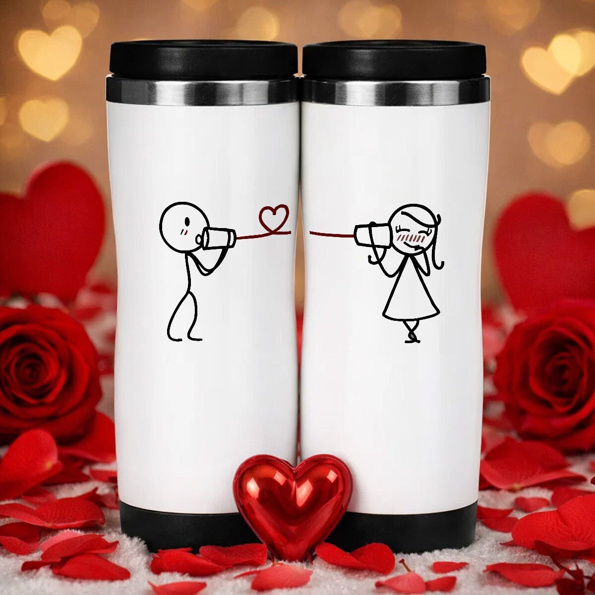 BK Gift Çift Sevgili Tasarımlı İkili Çelik Termos Bardak -5, Sevgiliye Hediye, Sevgililer Günü Hediyesi Termos Seti