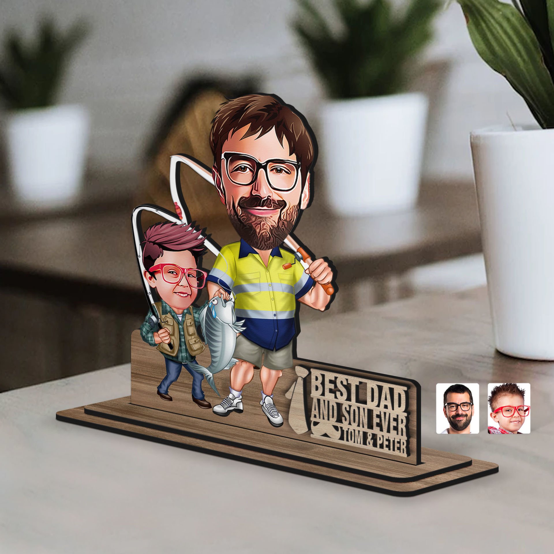 BK Gift Kişiye Özel 3D Kabartma İsimli Baba-Oğul Karikatürlü Ahşap Biblo-12, Babaya Hediye, Babalar Günü Hediyeleri