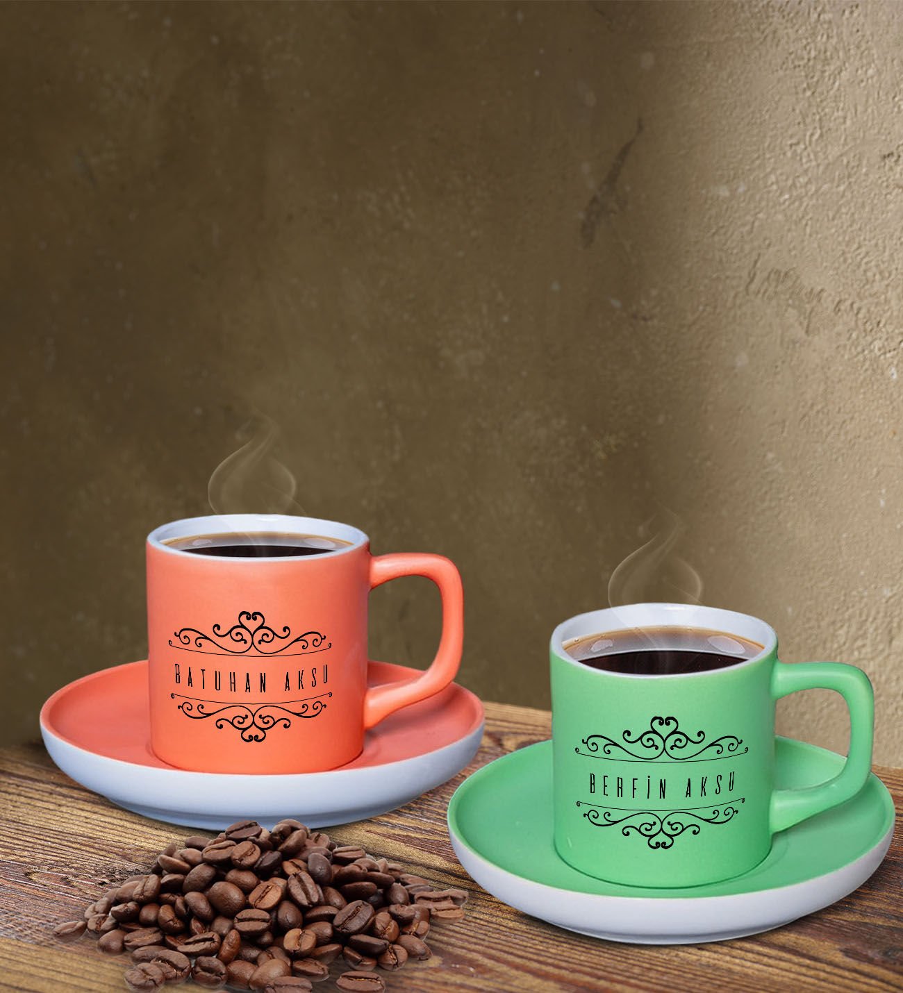 BK Gift Kişiye Özel İsimli Somon ve Yeşil Renk İkili Türk Kahvesi Fincan Seti-9, Ev Hediyesi, Arkadaşa Hediye, Doğum Günü Hediyesi