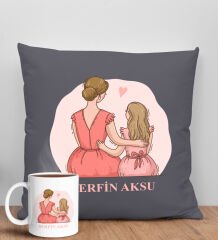 BK Gift Kişiye Özel İsimli Anneler Günü Tasarımlı Antrasit Kırlent Yastık ve Kupa Seti, Anneye Hediye, Ev Dekorasyonu, Anneler Günü Hediyesi-5