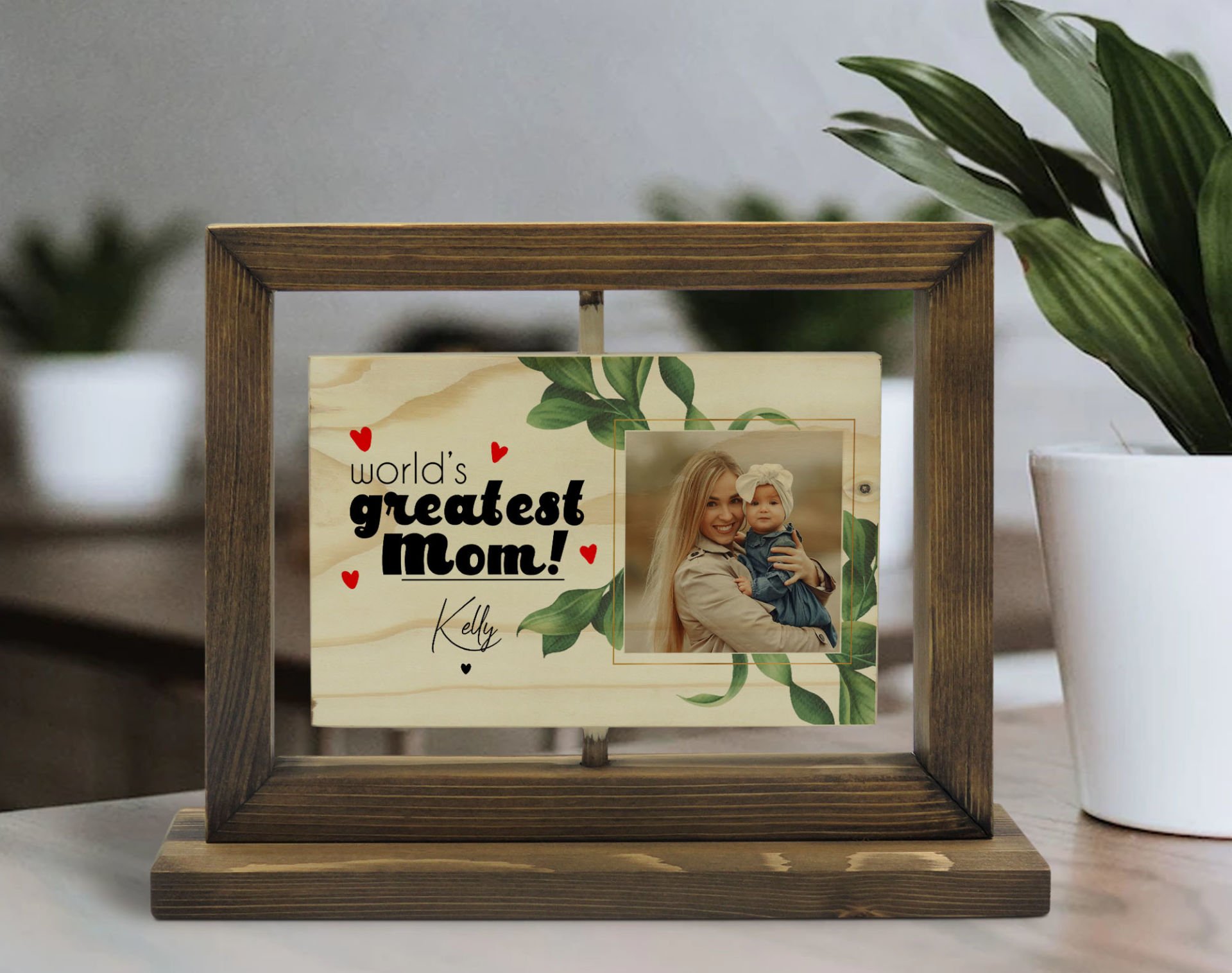 BK Gift Kişiye Özel İsimli Fotoğraflı Doğal Ahşap Dönen Fotoğraf Çerçevesi, Anneler Günü Hediyeleri, Ev Dekoru, Masaüstü Dekoru-4