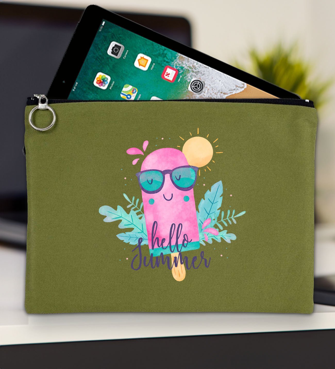 BK Gİft Yaz Temalı-5 Yeşil Tablet Çantası 30x21cm, Ipad Çantası, Baskılı Tablet Kılıfı