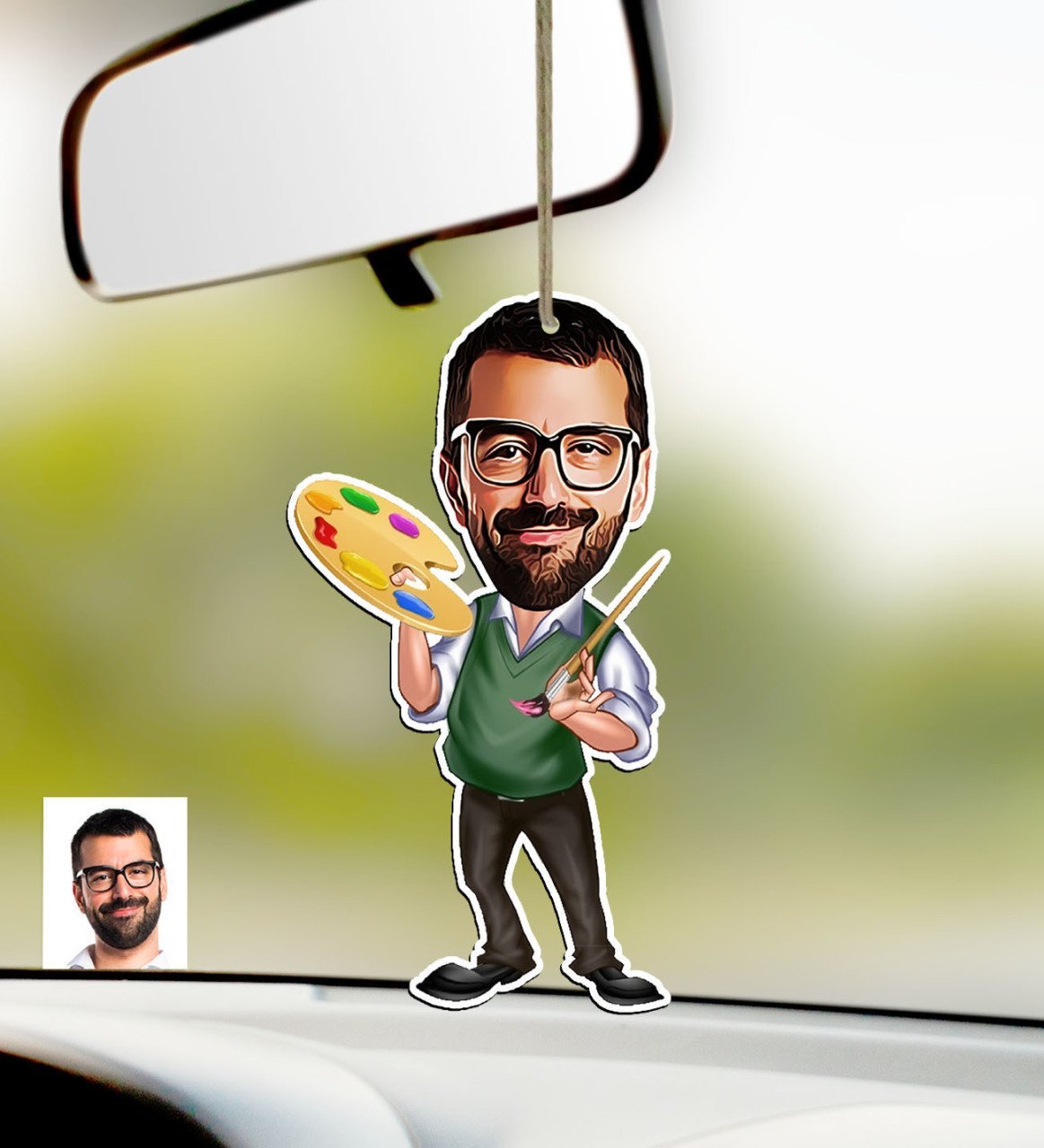 Kişiye Özel Bay Ressam Karikatürlü Ahşap Araba Dikiz Ayna Süsü