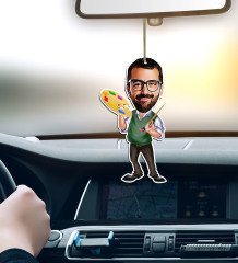 Kişiye Özel Bay Ressam Karikatürlü Ahşap Araba Dikiz Ayna Süsü