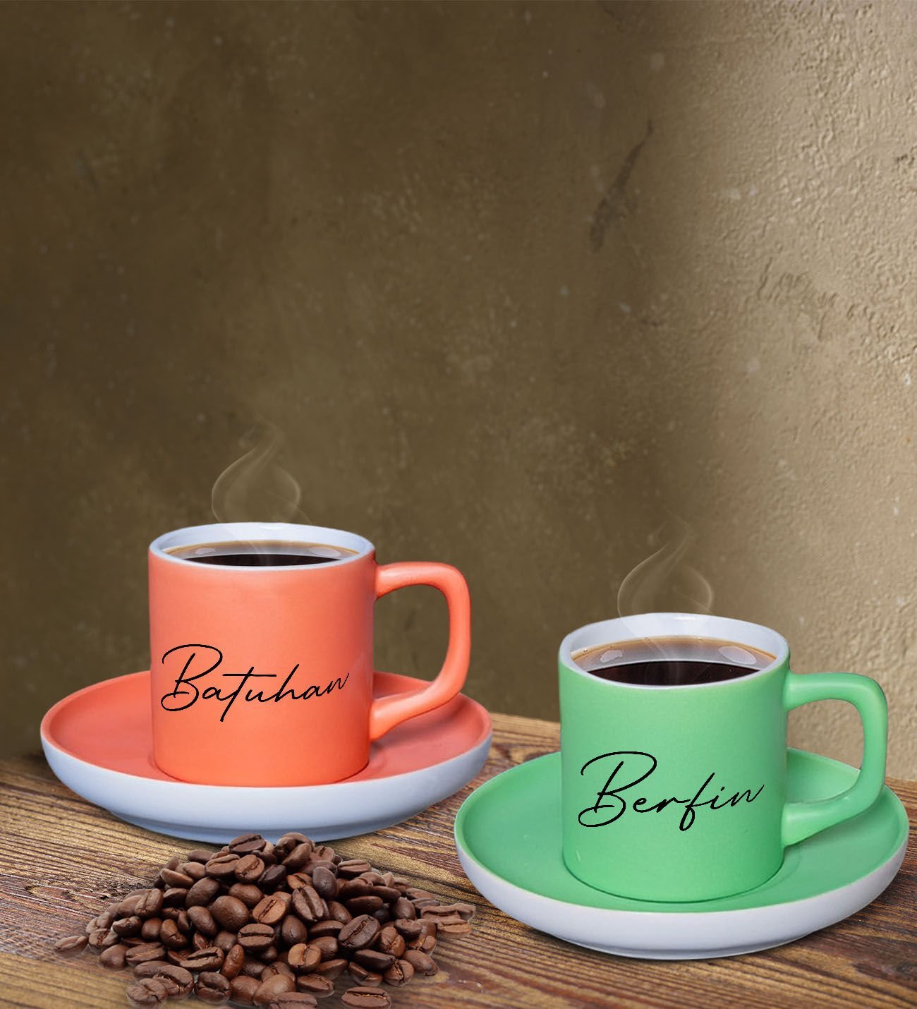 BK Gift Kişiye Özel İsimli Somon ve Yeşil Renk İkili Türk Kahvesi Fincan Seti-105, Ev Hediyesi, Arkadaşa Hediye, Doğum Günü Hediyesi