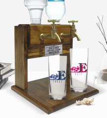 Kişiye Özel Renkli Baskılı Harf Tasarımlı İkili Rakı Bardağı ve Çift Musluklu Doğal Ahşap Rakı Standı-2