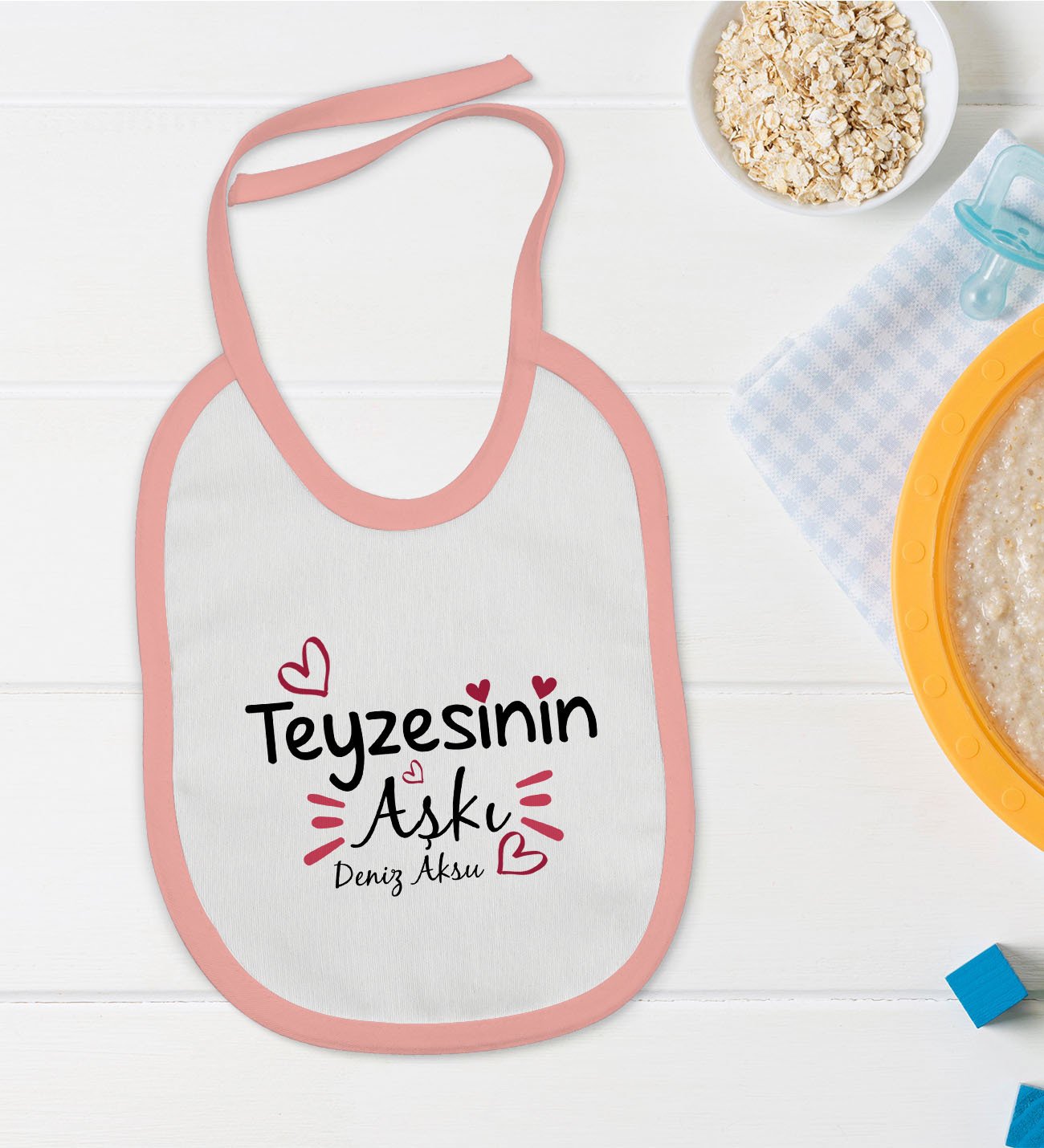 BK Kids Kişiye Özel Pembe Bebek Mama Önlüğü - Model 37