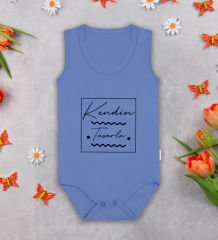 BK Kids Kişiye Özel Kendin Tasarla Mavi %100 Pamuklu Askılı Sıfır Kol Bebek Body Zıbın, Yeni Doğan Bebek Hediyesi