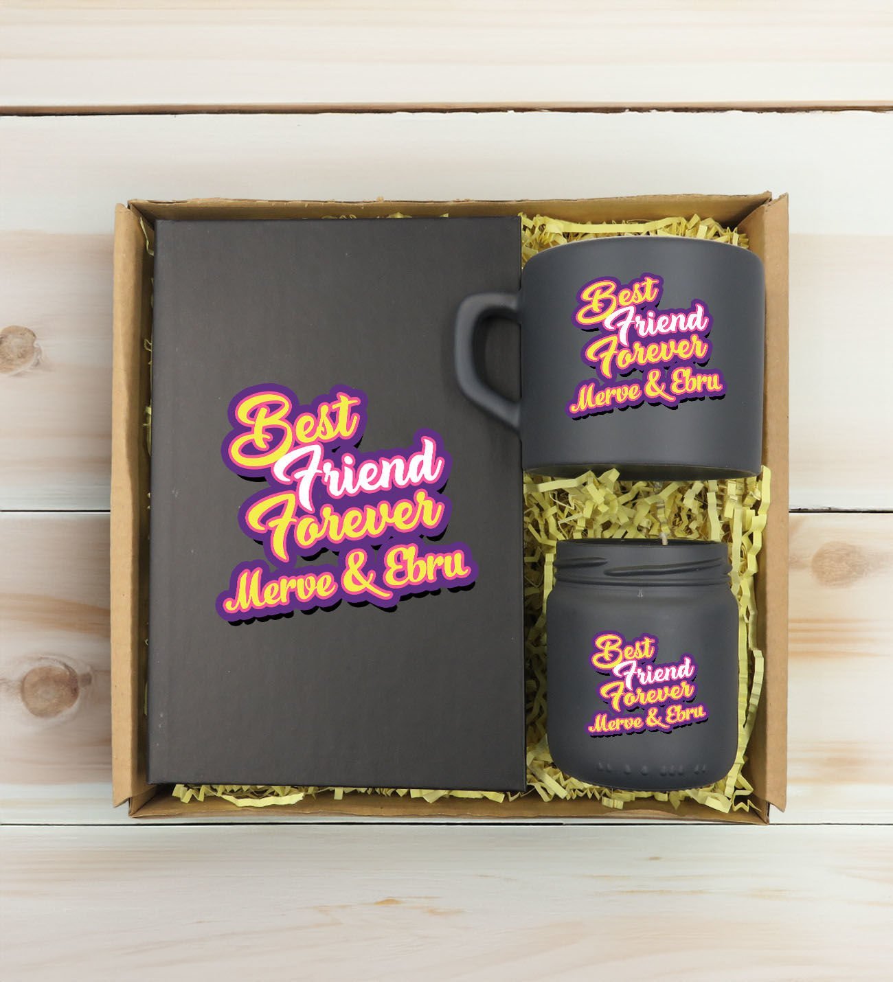 BK Gift Kişiye Özel İsimli DTF Best Friend Temalı Antrasit Defter & Kahve Fincanı & Mum Hediye Seti-3, Arkadaşa Hediye, Doğum Günü Hediyesi