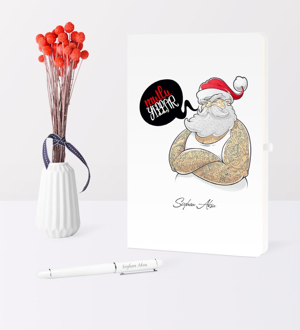 Kişiye Özel Yılbaşı Noel Baba Temalı Beyaz Defter Kalem Seti - 4