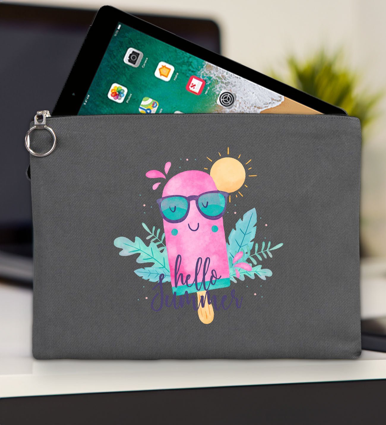 BK Gİft Yaz Temalı-5 Antrasit Tablet Çantası 30x21cm, Ipad Çantası, Baskılı Tablet Kılıfı