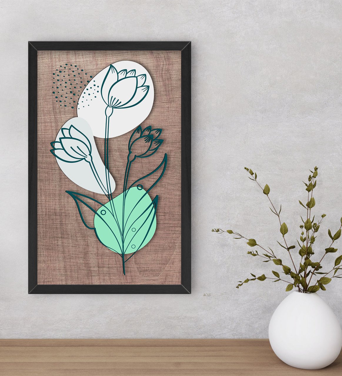 BK Home Minimal Çiçekler Dekoratif Ahşap Siyah Çerçeveli Tablo-2