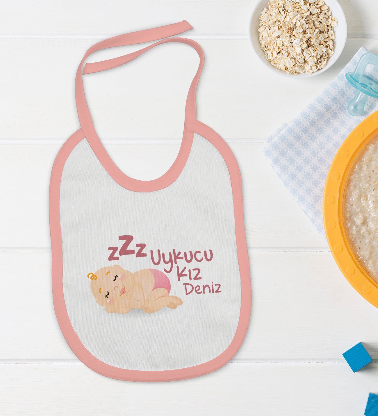 BK Kids Kişiye Özel Pembe Bebek Mama Önlüğü - Model 39