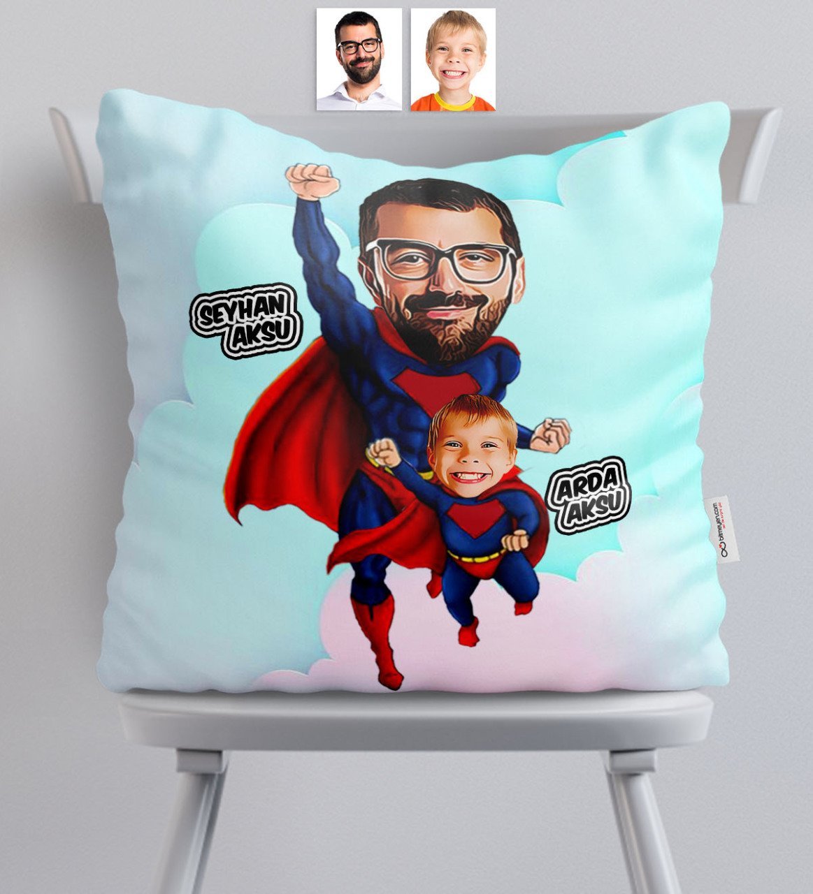 Kişiye Özel Süper Baba Oğul Karikatürlü Saten Yastık