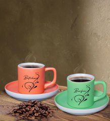 BK Gift Kişiye Özel İsimli Somon ve Yeşil Renk İkili Türk Kahvesi Fincan Seti-122, Ev Hediyesi, Arkadaşa Hediye, Doğum Günü Hediyesi