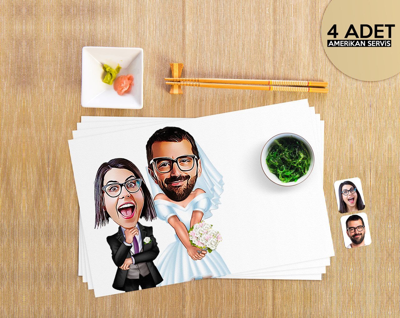 Kişiye Özel Sevgililer Karikatürlü 4 Adet Amerikan Servis Seti-16