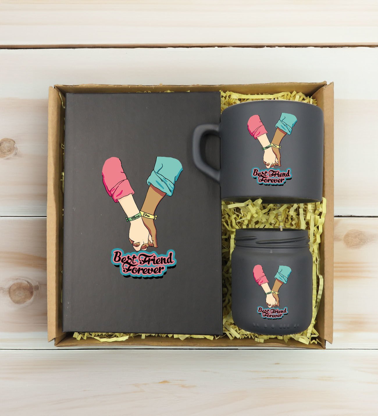 BK Gift Kişiye Özel İsimli DTF Best Friend Temalı Antrasit Defter & Kahve Fincanı & Mum Hediye Seti-5, Arkadaşa Hediye, Doğum Günü Hediyesi