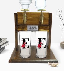 Kişiye Özel Renkli Baskılı Harf Tasarımlı İkili Rakı Bardağı ve Çift Musluklu Doğal Ahşap Rakı Standı-6