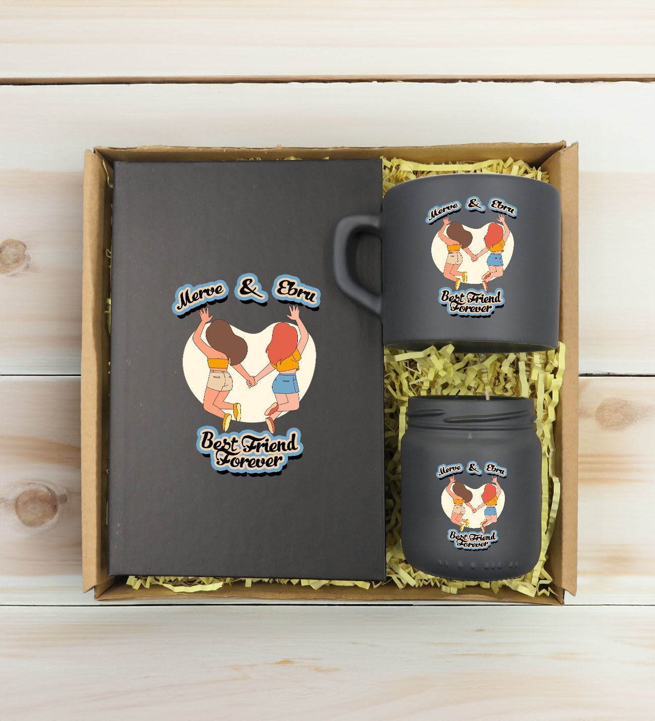 BK Gift Kişiye Özel İsimli DTF Best Friend Temalı Antrasit Defter & Kahve Fincanı & Mum Hediye Seti-6, Arkadaşa Hediye, Doğum Günü Hediyesi