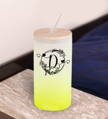 BK Gift Harfli Sarı Renk Pipetli Buzlu Cam Bardak 600ml - 3, Arkadaşa Hediye, Doğum Günü Hediyesi