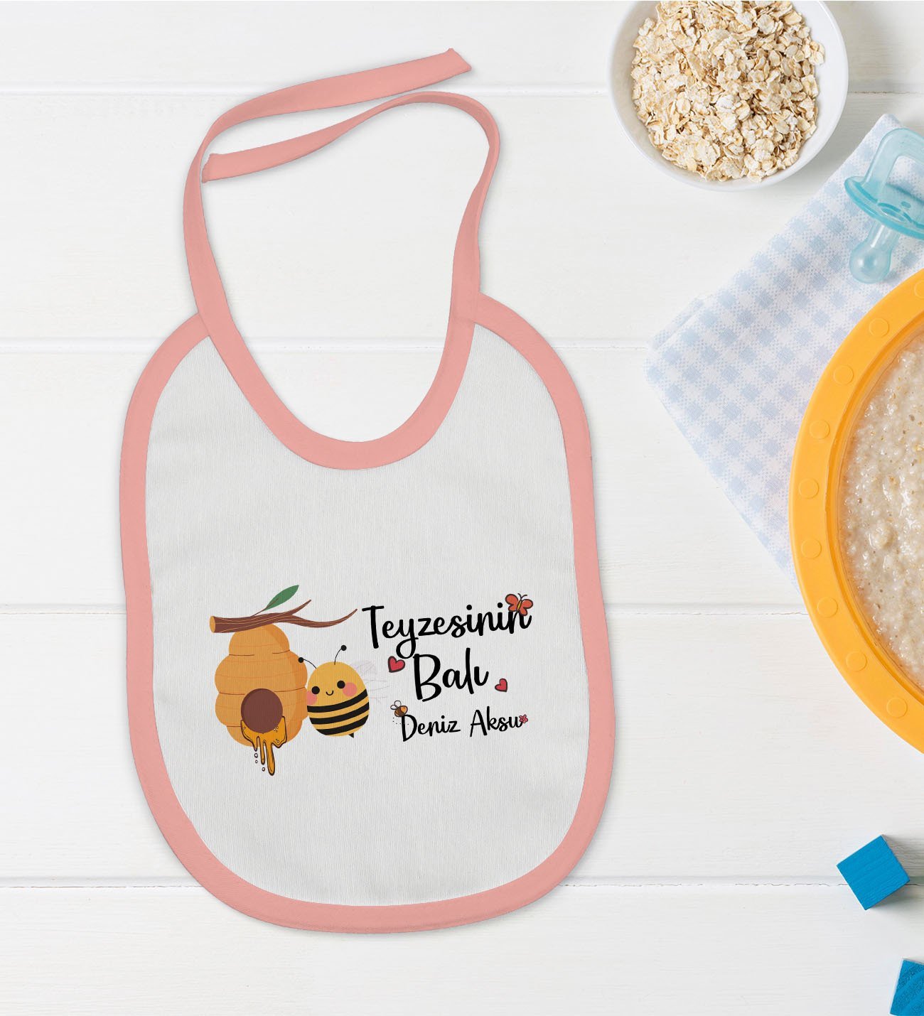 BK Kids Kişiye Özel Pembe Bebek Mama Önlüğü - Model 42