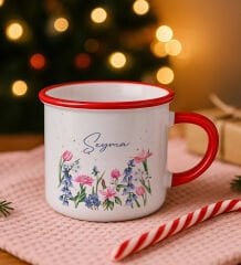 BK Gift Kişiye Özel Çiçek Tasarımlı Kırmızı Emaye Kupa Bardak -2, Arkadaşa Hediye, Sevgiliye Hediye