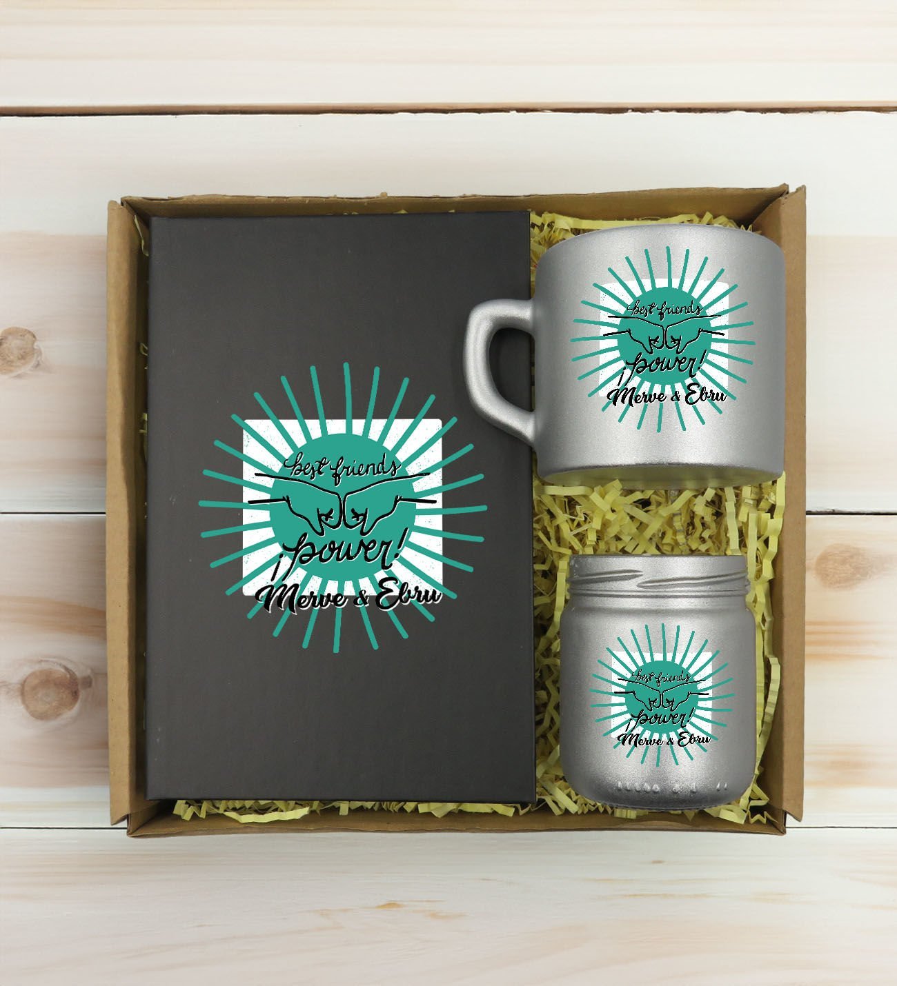 BK Gift Kişiye Özel İsimli DTF Best Friend Temalı Antrasit Defter & Gümüş Kahve Fincanı & Mum Hediye Seti-1, Arkadaşa Hediye, Doğum Günü Hediyesi