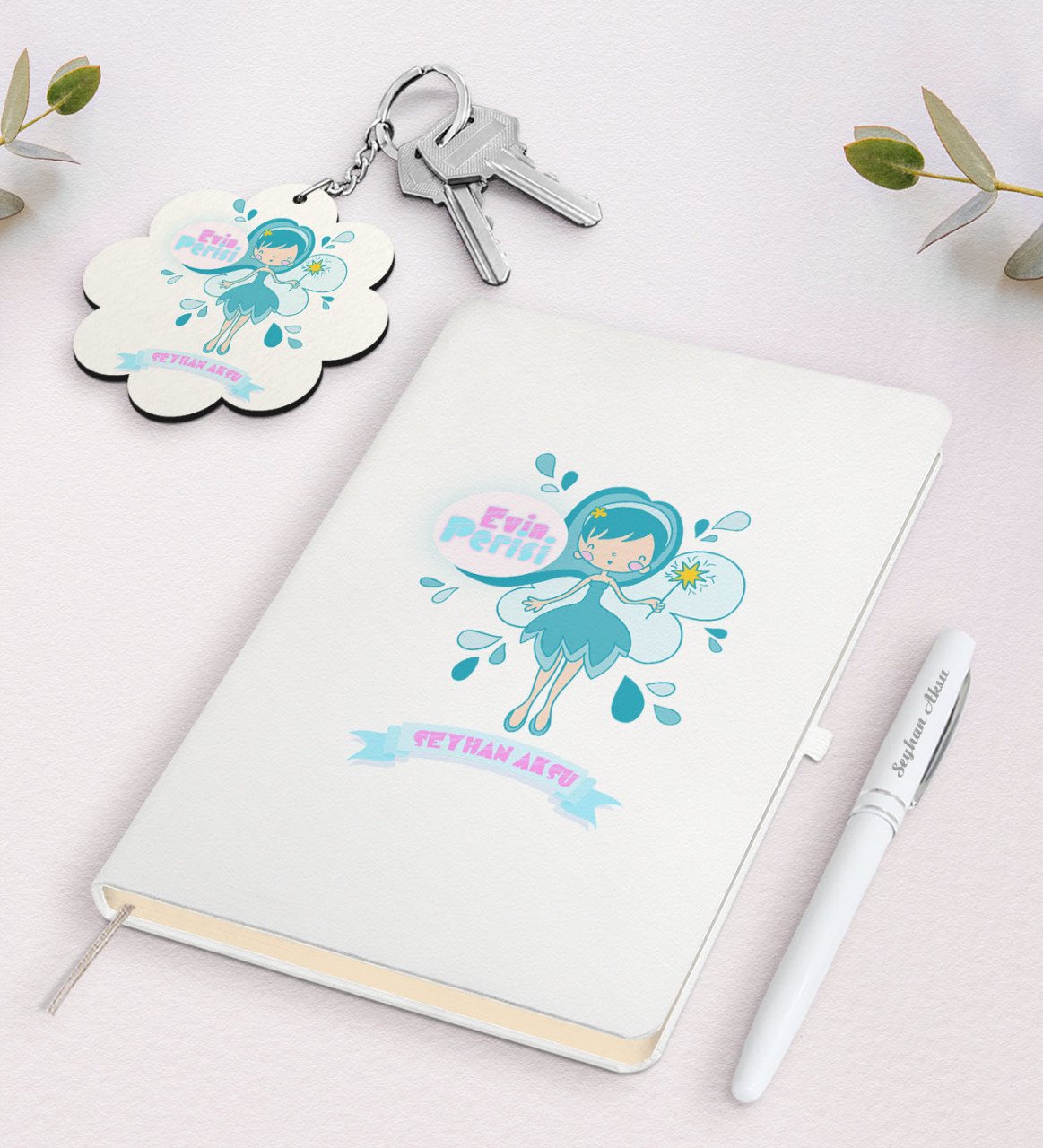 Kişiye Özel Evin Perisi Beyaz Defter Kalem ve Anahtarlık Hediye Seti-4