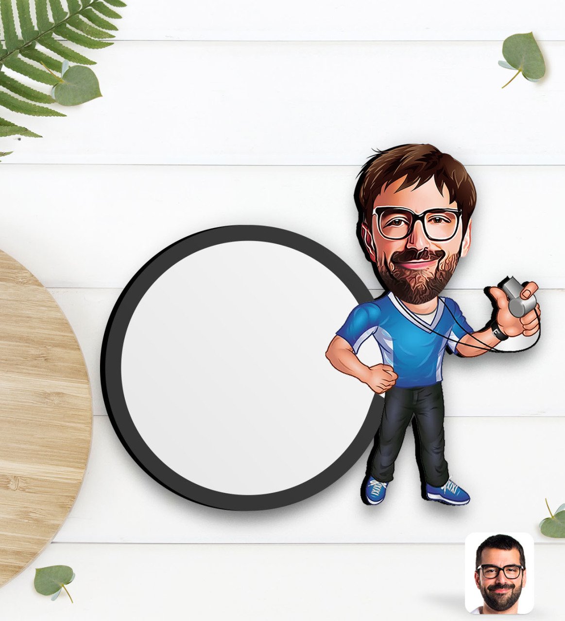 Kişiye Özel Erkek Antrenör Karikatürlü Ahşap Bardak Altlığı-1