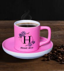 BK Gift Kişiye Özel Baş Harfli İsimli Mat Pembe Renk Türk Kahvesi Fincanı-1, Renkli Türk Kahvesi Fincanı