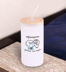 BK Gift Esprili Tasarım Beyaz Renk Pipetli Buzlu Cam Bardak 600ml - 2, Arkadaşa Hediye, Doğum Günü Hediyesi