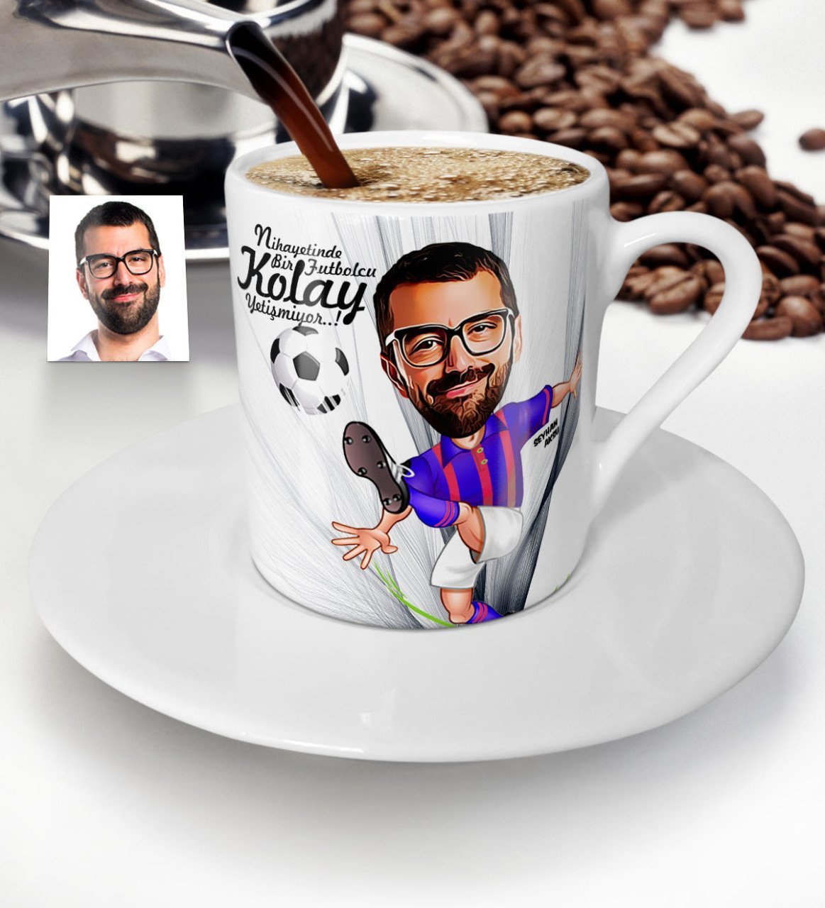 Kişiye Özel Bay Futbolcu Bordo Mavi Karikatür Türk Kahvesi Fincanı - 1