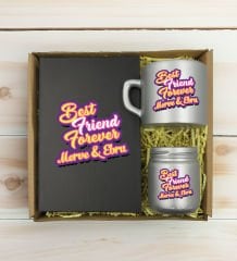 BK Gift Kişiye Özel İsimli DTF Best Friend Temalı Antrasit Defter & Gümüş Kahve Fincanı & Mum Hediye Seti-3, Arkadaşa Hediye, Doğum Günü Hediyesi