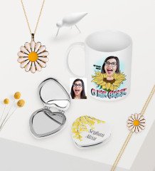 Kadınlara Özel Karikatürlü Kupa Çiçekli Ayna Papatya Kolye Bileklik Seti - 1