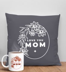 BK Gift Anneler Günü Tasarımlı Antrasit Kırlent Yastık ve Kupa Seti, Anneye Hediye, Ev Dekorasyonu, Anneler Günü Hediyesi-4