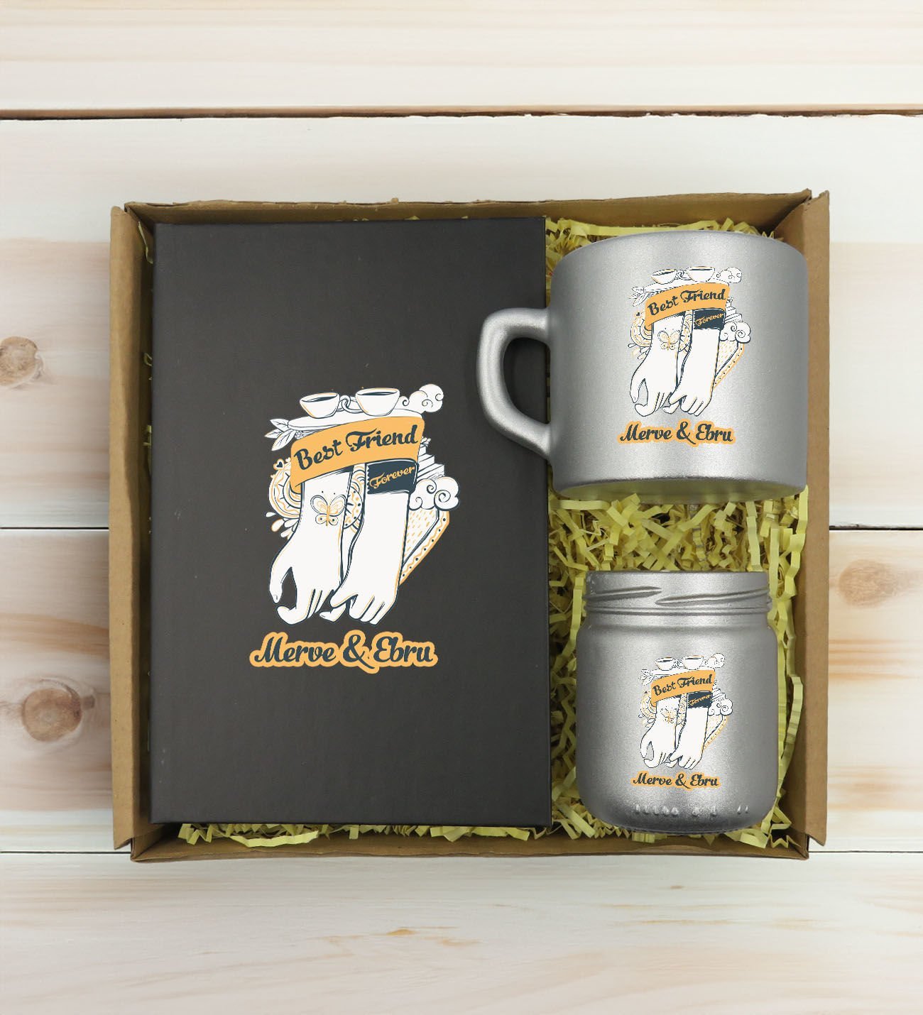 BK Gift Kişiye Özel İsimli DTF Best Friend Temalı Antrasit Defter & Gümüş Kahve Fincanı & Mum Hediye Seti-4, Arkadaşa Hediye, Doğum Günü Hediyesi